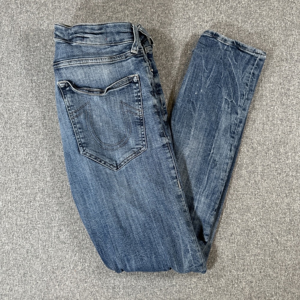 True Religion Tony Skinny Jeans Mens‎ 34 Blue Wash Distressed Stretch Denim